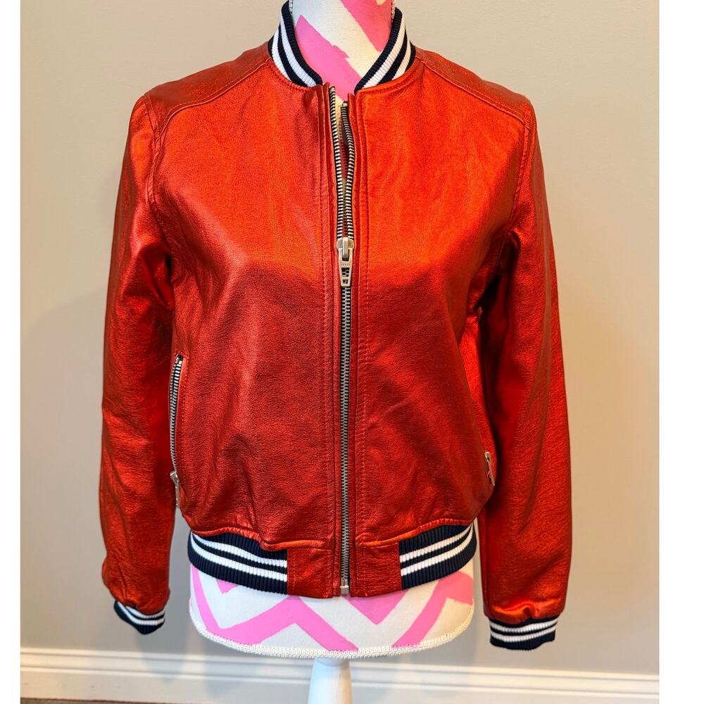BLANKNYC Metallic Rich Red Zip-Up Varsity Bomber Vegan Leather Jacket Sz Small